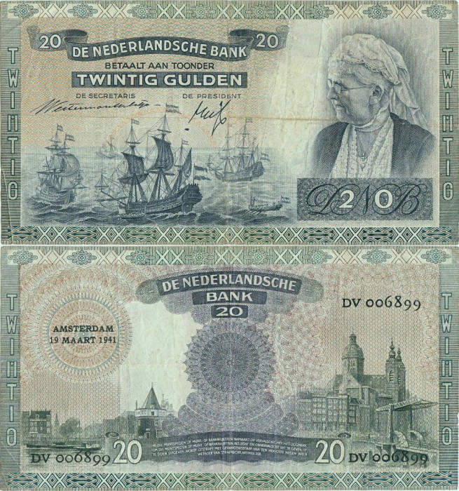 1941 ( 19 III ) , 20 gulden ( P-54a.3 ) - Țările de Jos