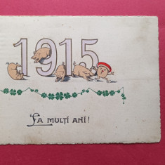 Bucuresti Felicitare La multi ani 1915 Trifoi Porci In relief Embosata