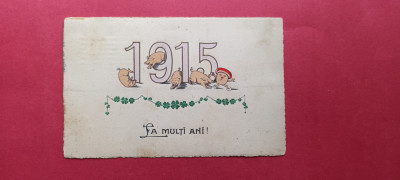 Bucuresti Felicitare La multi ani 1915 Trifoi Porci In relief Embosata foto