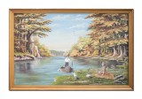 Tablou vechi gigant pictat manual inramat, Peisaj din natura, la picnic, 160x105cm ulei pe panza