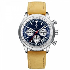 Gohuos, Ceas barbatesc, Quartz, Cronograf, Analog, Data, Piele naturala, Maro Albastru
