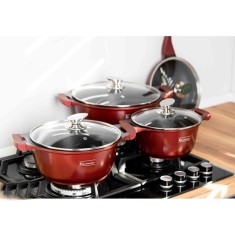 Set oale si tigai marmorate Goldmann, 8 piese, aluminiu turnat, capace din sticla, Visiniu