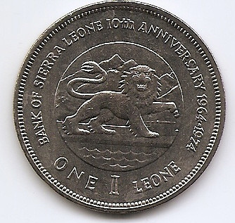 Sierra Leone 1 Leone 1974 - (Bank Anniversary) 38.60 mm KM-26 aUNC !!! foto