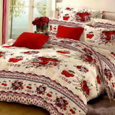 Lenjerie de pat matrimonial cu husa elastic pat si fata perna dreptunghiulara, Red rose, bumbac mercerizat, multicolor