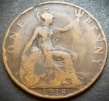Cumpara ieftin Moneda istorica 1 (One) PENNY - ANGLIA, anul 1918 * cod 3418 A, Europa, Bronz