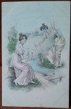 Carte postala, doua prietene, desen, perioada interbelica