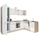 Mobilă de bucătărie de colț Yorki 280, corp din stejar sonoma, față alb satinat, element inferior cuptor, dulap frigider cu dedurizator de gătit infer