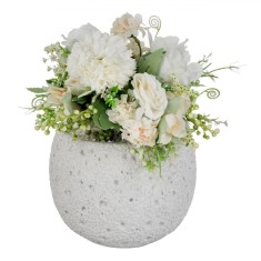 Ghiveci Decorativ cu Floare Artificială, 15x22cm, Culoare Alb și Somon, Material Ciment și Plastic