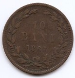 Romania 10 Bani 1867 Heaton - Carol I, Cupru, 25 mm, KM-3.2 (2)