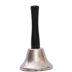 Clopotel de mana, argintiu, metalic, maner de lemn, lungime 12 cm, diametru 5cm, flippy