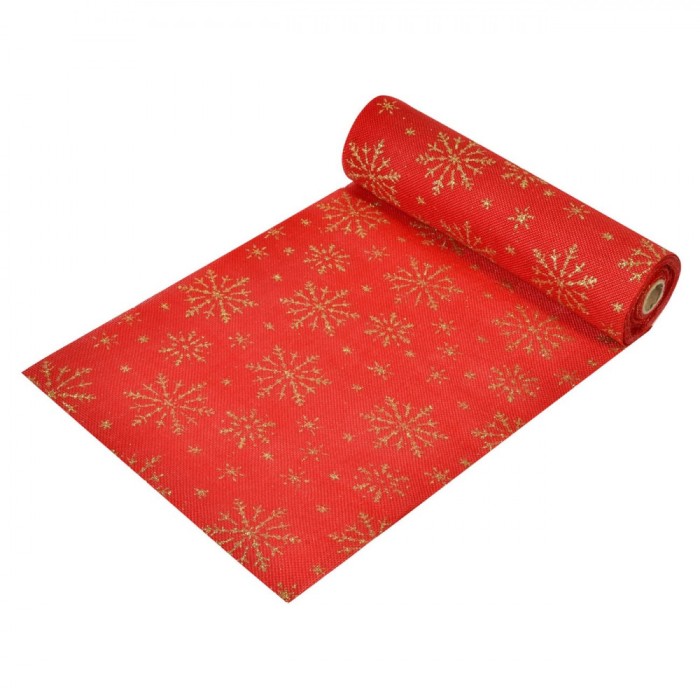 Tesatura Decorativa Craciun, Rosie cu Fulgi Aurii Glitter, 5m x 24cm, Poliester