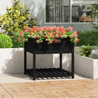 Jardiniera cu raft, negru, 82,5x82,5x81 cm, lemn masiv de pin GartenMobel Dekor foto