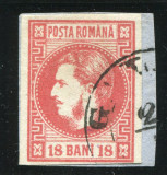 1868 , Lp 24 , Carol I favoriti 18 Bani rosu / fragment , stampila Galati, Stampilat