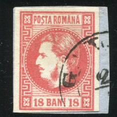 1868 , Lp 24 , Carol I favoriti 18 Bani rosu / fragment , stampila Galati