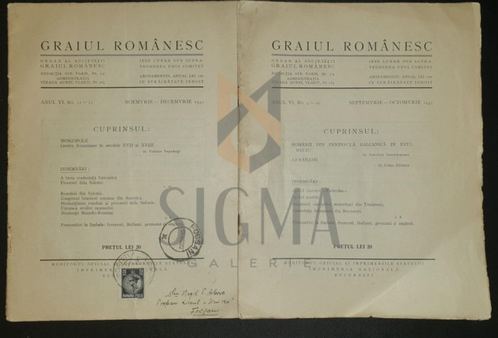 SIMION C. MANDRESCU ( Redactor ), REVISTA &quot; GRAIUL ROMANESC &quot; Organ al romanilor de peste hotare Aromani , nr. 11-12, 1932