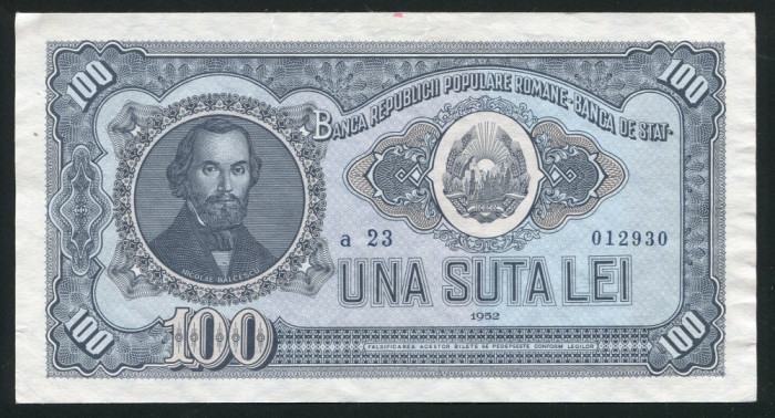 q203 BANCNOTA 100 LEI 1952 SERIE ALBASTRA APROAPE NECIRCULATA aUNC