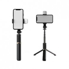 Selfie Stick cu Trepied Telescopic Profesional si Lumina LED, pentru telefon, cu telecomanda Bluetooth, inaltime 20-76cm cu tija din aluminiu, Negru