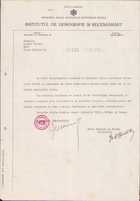 HST A1561 Semnătură olografă Sabin Manuilă 1933 Institutul de Demografie