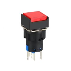 Buton intrerupator push fara mentinere patrat 16mm, plastic, 12V DC, 1NO 1NC, lumina rosie FLP16-NJ-6-RED