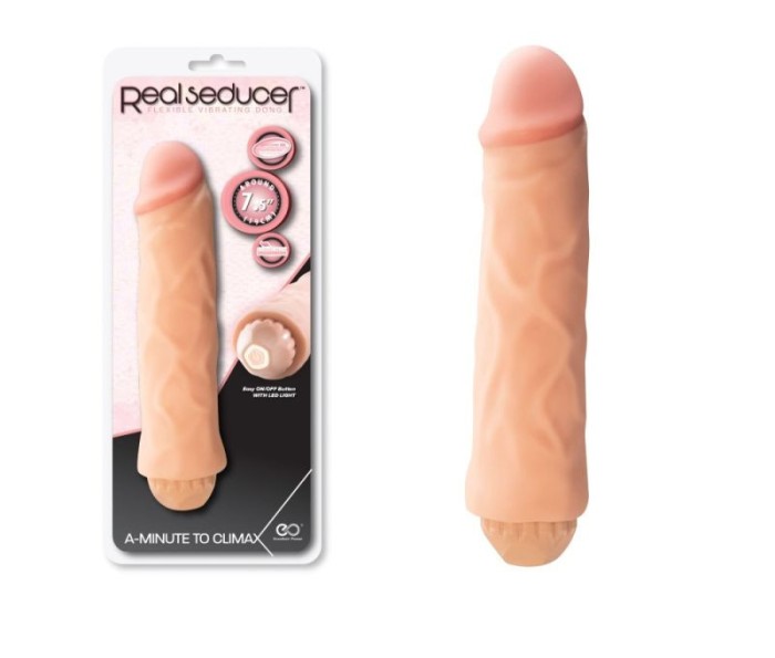 REAL SEDUCER Flexible Vibrating Dong (19cm) - Vibrator realist in forma de penis, cu 10 functii de vibratie si o suprafata vascularizata