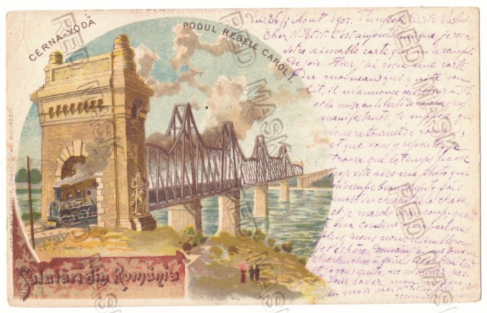 3389 - CERNAVODA, Dobrogea, Train on the bridge Litho - old postcard - used 1902
