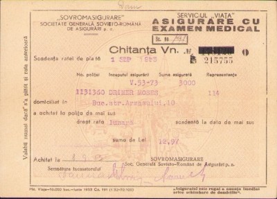 A1155 Chitanță Sovromasigurare, 1950 foto