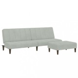 Canapea extensibila cu taburet, 2 locuri, gri deschis, catifea