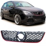 Grila sport din fagure cu accente rosii, potrivita pentru VW Polo 9N3 05-09, inclusiv GTI Performance AutoTuning