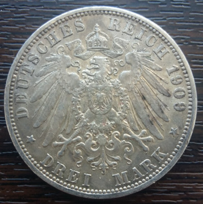 (A727) MONEDA DIN ARGINT GERMANIA, PRUSIA - 3 MARK 1909, LIT. A, WILHELM II foto