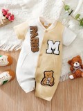 Salopeta bebelusi varsity crem si alb cu ursulet si inscriptii (Marime, Superbaby