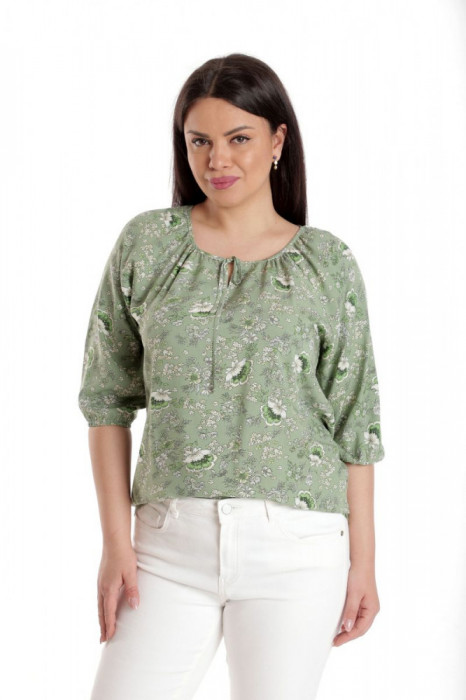 Bluza Dama, IE, Verde cu imprimeu floral si maneca 3 sferturi - XL