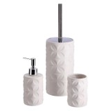 Cumpara ieftin Set perie toaleta, dispenser sapun, pahar periute dinti ceramica alba Amely