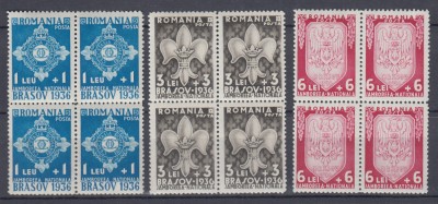ROMANIA 1936 LP 115 JAMBOREEA NATIONALA BRASOV BLOCURI DE 4 TIMBRE MNH foto