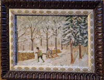 Peisaj de iarnă, pictură naivă pe p&amp;acirc;nză, nesemnată foto