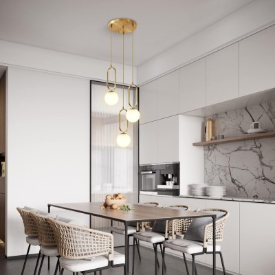 Lustra suspendata, dulie 3 x E27, 3 globuri sticla alba, corp auriu, bec maxim 40W, lungime reglabila maxim 1 m foto