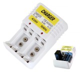 Incarcator baterii AA / AAA / 6LR61, 4 baterii, 100V-240V, alb