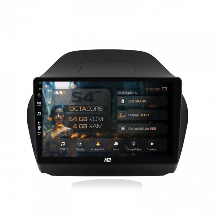 Navigatie Hyundai IX35 (2009-2015) 4GB RAM Android 13 Octacore Slot Sim 4G DSP GPS Wi-FI Carplay Android Auto USB Bluetooth Waze Touchscreen 10.1 Inch