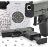 Pistol replică ASG pentru bile plastice 6 mm, metal+plastic, 500 g, magazin 10 bile, set 800 bile