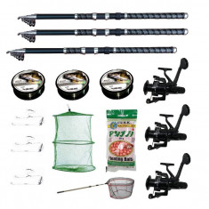 Set 3 lansete 2,7m ultra carp, trei mulinete LS500, trei gute, trei monturi, minciog, pufuleti si juvelnic