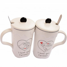 Set 2 cani pentru ceai sau cafea cu lingurita si capac, Love you forever, 300 ml, ceramica foto