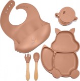 Set de vesela pentru bebelus Orangu-gu, silicon/lemn, maro, 5 piese