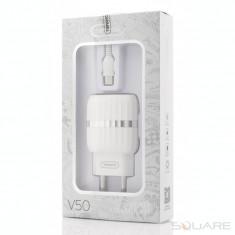 Incarcatoare Retea Tranyoo, V50, Fast Charge Kit, 2 x USB + USB Type-C Cable, White