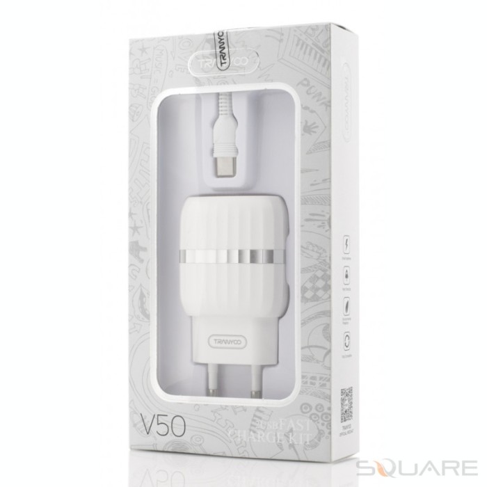 Incarcatoare Retea Tranyoo, V50, Fast Charge Kit, 2 x USB + USB Type-C Cable, White