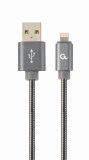CABLU alimentare si date GEMBIRD, pt. smartphone,USB 2.0 (T) la Lightning (T), 2m, premium,cablu cu impletire din bumbac,gri-metalizat cu insertii alb