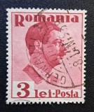 Rom&acirc;nia Regat - Regele Carol al II-lea (1930&ndash;1934) - 3 LEI Carmin/Roz cu Ștampilă Poștală "CERNĂUȚI" și Datier 1938 (Dintelat, Ștampilat) RO1