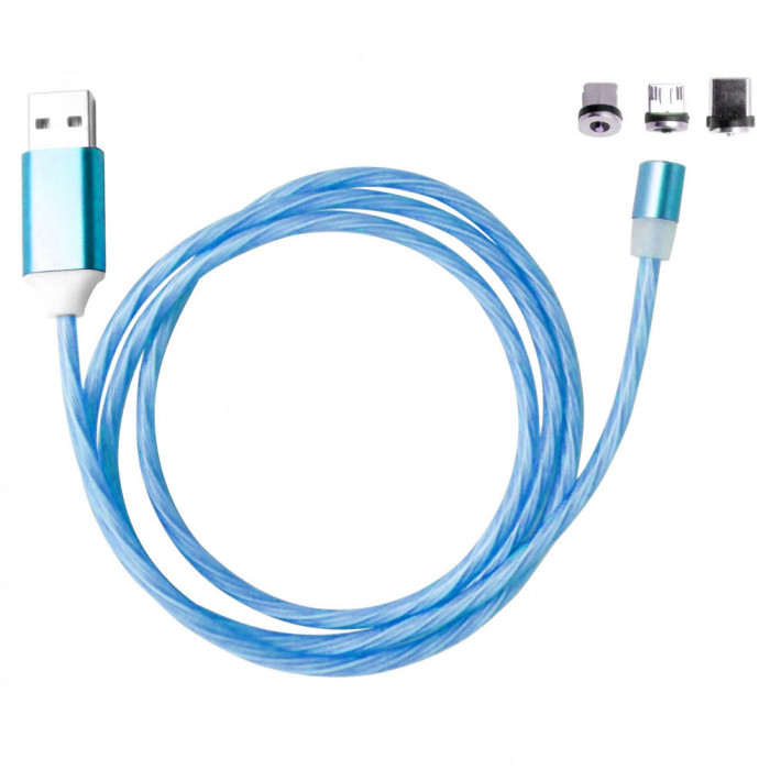 Cablu de incarcare USB Magnetic Led Flowing 3 in 1, universal, USB la microUSB, Lightning, Type C, 1m, albastru