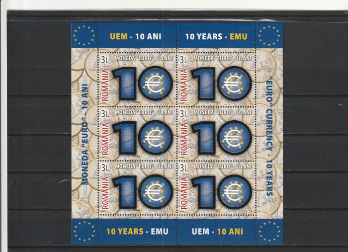 ROMANIA 2009 LP 1825 - 10 ANI DE LA MONEDA EURO MINICOALA FOLIO AUR MNH NESTAMP