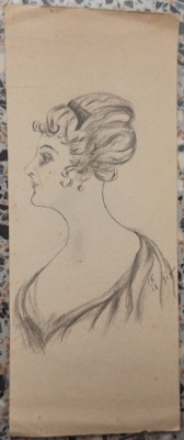 Doamna cocheta// desen in creion datat 1918 foto