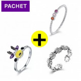 Pachet promo inel din argint ren colorat + inel tiny stone + inel flori argintii