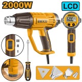 Pistol cu Aer Cald 2000W HG200058 &ndash; Afisaj Digital LCD, 50-600&deg;C, 3 Trepte Debit Aer, Set Duze Inclus